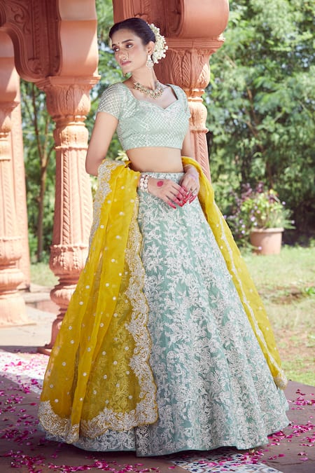 Shop Azeera Blue Chiffon Tassels, Embroidery Sweetheart Neck Mukesh Vine Lehenga Set at Aza Fashions Shop_Azeera_Blue Chiffon Tassels, Embroidery Sweetheart Neck Mukesh Vine Lehenga Set _at_Aza_Fashions