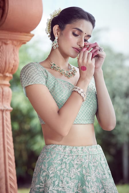 Azeera Blue Chiffon Tassels, Embroidery Sweetheart Neck Mukesh Vine Lehenga Set Online at Aza Fashions Azeera_Blue Chiffon Tassels, Embroidery Sweetheart Neck Mukesh Vine Lehenga Set _Online_at_Aza_Fashions