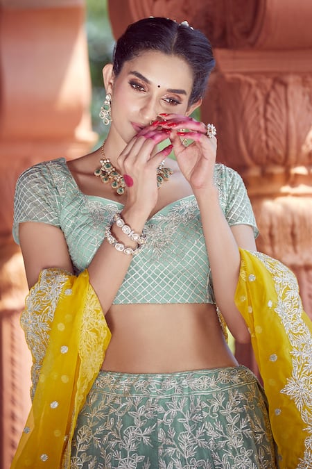 Buy Azeera Blue Chiffon Tassels, Embroidery Sweetheart Neck Mukesh Vine Lehenga Set Online at Aza Fashions Buy_Azeera_Blue Chiffon Tassels, Embroidery Sweetheart Neck Mukesh Vine Lehenga Set _Online_at_Aza_Fashions