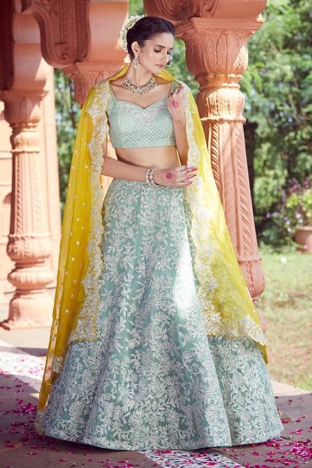 Shop Azeera Blue Chiffon Tassels, Embroidery Sweetheart Neck Mukesh Vine Lehenga Set Online at Aza Fashions Shop_Azeera_Blue Chiffon Tassels, Embroidery Sweetheart Neck Mukesh Vine Lehenga Set _Online_at_Aza_Fashions