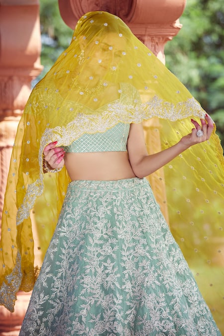 Azeera Blue Chiffon Tassels, Embroidery Sweetheart Neck Mukesh Vine Lehenga Set at Aza Fashions Azeera_Blue Chiffon Tassels, Embroidery Sweetheart Neck Mukesh Vine Lehenga Set _at_Aza_Fashions