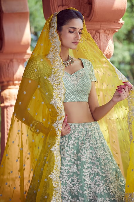 Buy Azeera Blue Chiffon Tassels, Embroidery Sweetheart Neck Mukesh Vine Lehenga Set Buy_Azeera_Blue Chiffon Tassels, Embroidery Sweetheart Neck Mukesh Vine Lehenga Set