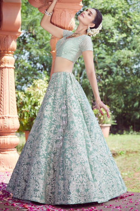 Shop Azeera Blue Chiffon Tassels, Embroidery Sweetheart Neck Mukesh Vine Lehenga Set Shop_Azeera_Blue Chiffon Tassels, Embroidery Sweetheart Neck Mukesh Vine Lehenga Set