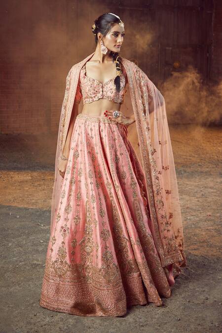 Azeera_Coral Silk, Net Sequins, Zari Prachi Zardozi Embroidered Bridal Lehenga Set _Online_at_Aza_Fashions