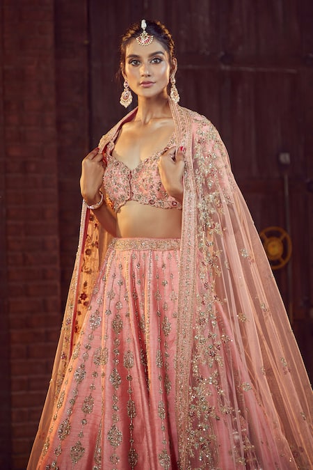Azeera_Coral Silk, Net Sequins, Zari Prachi Zardozi Embroidered Bridal Lehenga Set _at_Aza_Fashions