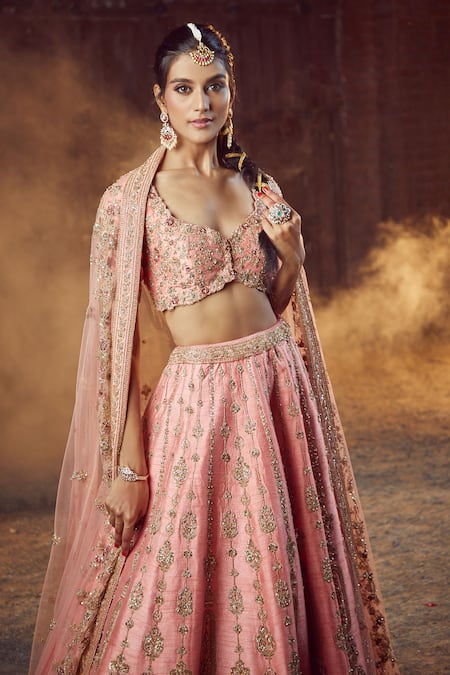 Buy_Azeera_Coral Silk, Net Sequins, Zari Prachi Zardozi Embroidered Bridal Lehenga Set 