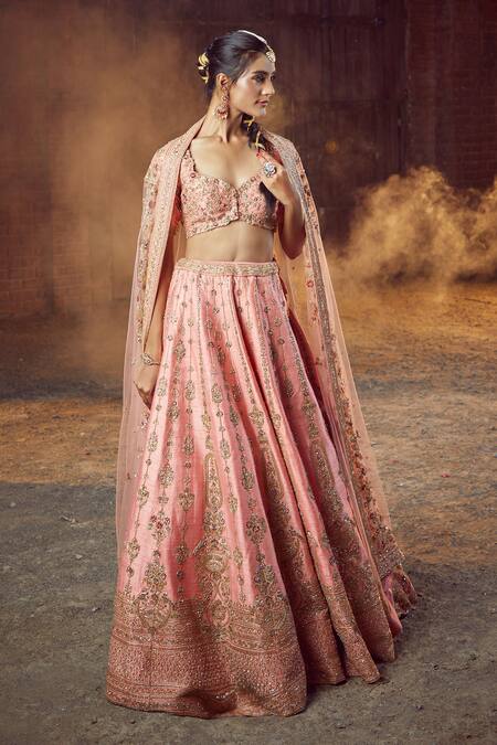 Shop_Azeera_Coral Silk, Net Sequins, Zari Prachi Zardozi Embroidered Bridal Lehenga Set 
