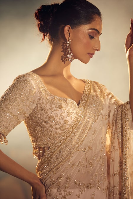 Shop Azeera Pink Georgette, Silk Sequins, Embroidery Afreen Vine Saree With Blouse Shop_Azeera_Pink Georgette, Silk Sequins, Embroidery Afreen Vine Saree With Blouse