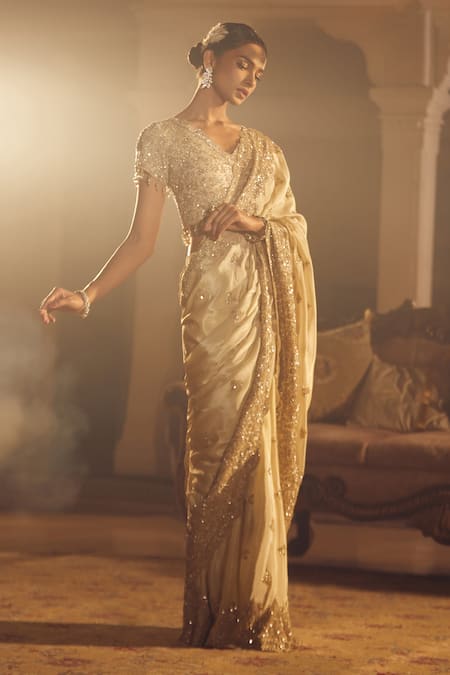 Buy_Azeera_Rose Gold Silk Tassels, Sequins V-neck Arsh Floral Embroidered Saree With Blouse _Online_at_Aza_Fashions