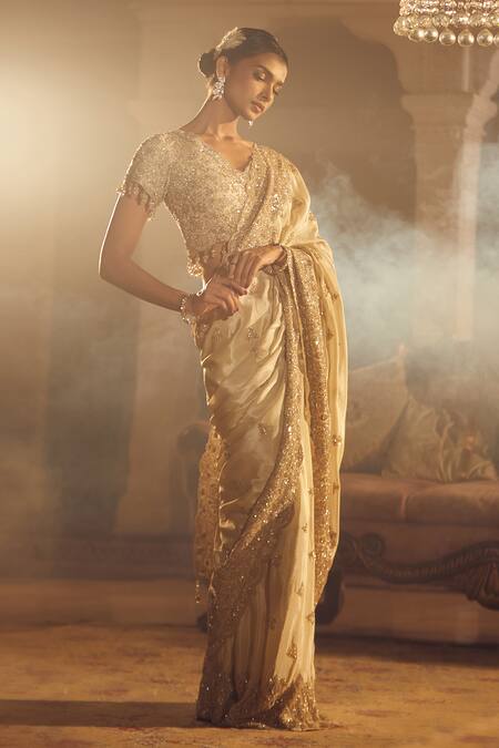 Shop_Azeera_Rose Gold Silk Tassels, Sequins V-neck Arsh Floral Embroidered Saree With Blouse _Online_at_Aza_Fashions