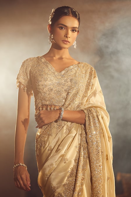 Shop_Azeera_Rose Gold Silk Tassels, Sequins V-neck Arsh Floral Embroidered Saree With Blouse 