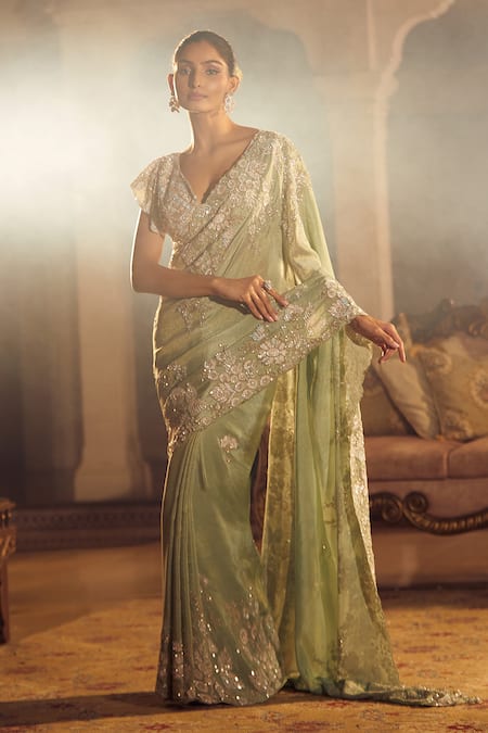 Azeera Green Georgette Sequins Plunge Neck Floral Embroidered Saree With Blouse Online at Aza Fashions Azeera_Green Georgette Sequins Plunge Neck Floral Embroidered Saree With Blouse _Online_at_Aza_Fashions