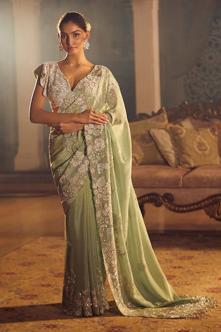 Buy Azeera Green Georgette Sequins Plunge Neck Floral Embroidered Saree With Blouse Online at Aza Fashions Buy_Azeera_Green Georgette Sequins Plunge Neck Floral Embroidered Saree With Blouse _Online_at_Aza_Fashions