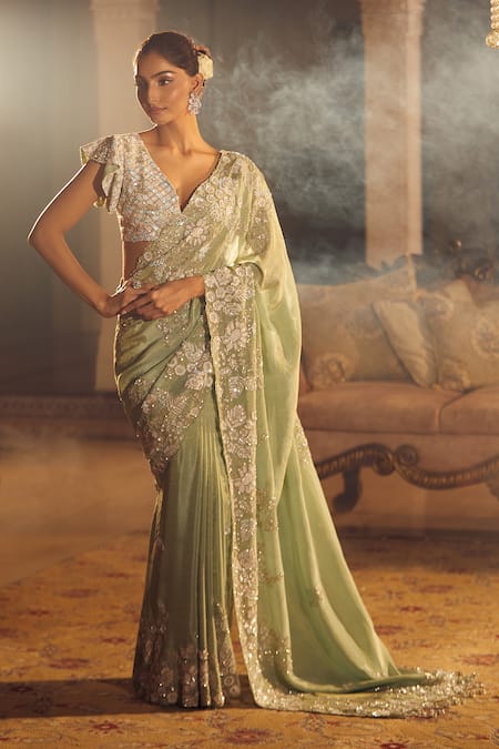 Shop Azeera Green Georgette Sequins Plunge Neck Floral Embroidered Saree With Blouse Online at Aza Fashions Shop_Azeera_Green Georgette Sequins Plunge Neck Floral Embroidered Saree With Blouse _Online_at_Aza_Fashions
