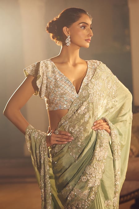 Buy Azeera Green Georgette Sequins Plunge Neck Floral Embroidered Saree With Blouse Buy_Azeera_Green Georgette Sequins Plunge Neck Floral Embroidered Saree With Blouse