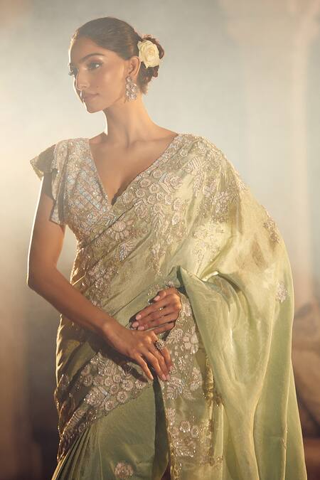 Shop_Azeera_Green Georgette Sequins Plunge Neck Floral Embroidered Saree With Blouse