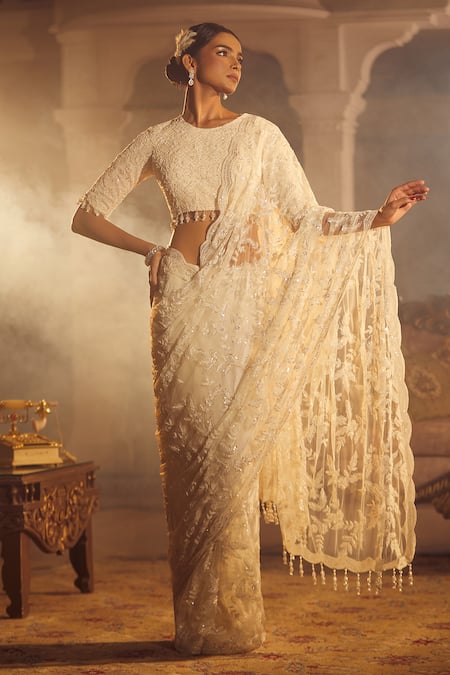 Azeera Ivory Silk Cut Work, Beads, Sequins Floral Jaal Embroidered Saree With Blouse Online at Aza Fashions Azeera_Ivory Silk Cut Work, Beads, Sequins Floral Jaal Embroidered Saree With Blouse _Online_at_Aza_Fashions
