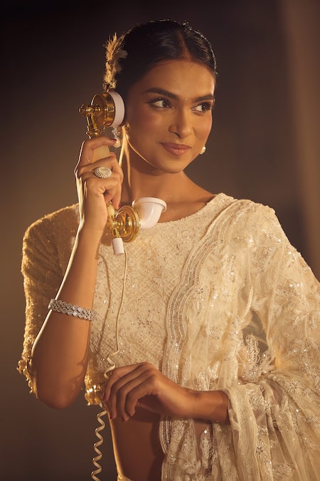 Buy Azeera Ivory Silk Cut Work, Beads, Sequins Floral Jaal Embroidered Saree With Blouse Online at Aza Fashions Buy_Azeera_Ivory Silk Cut Work, Beads, Sequins Floral Jaal Embroidered Saree With Blouse _Online_at_Aza_Fashions