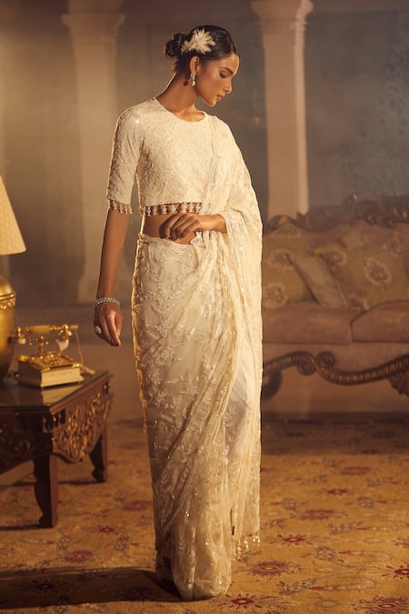 Shop Azeera Ivory Silk Cut Work, Beads, Sequins Floral Jaal Embroidered Saree With Blouse Online at Aza Fashions Shop_Azeera_Ivory Silk Cut Work, Beads, Sequins Floral Jaal Embroidered Saree With Blouse _Online_at_Aza_Fashions
