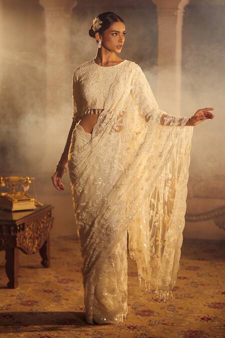 Shop Azeera Ivory Silk Cut Work, Beads, Sequins Floral Jaal Embroidered Saree With Blouse Shop_Azeera_Ivory Silk Cut Work, Beads, Sequins Floral Jaal Embroidered Saree With Blouse
