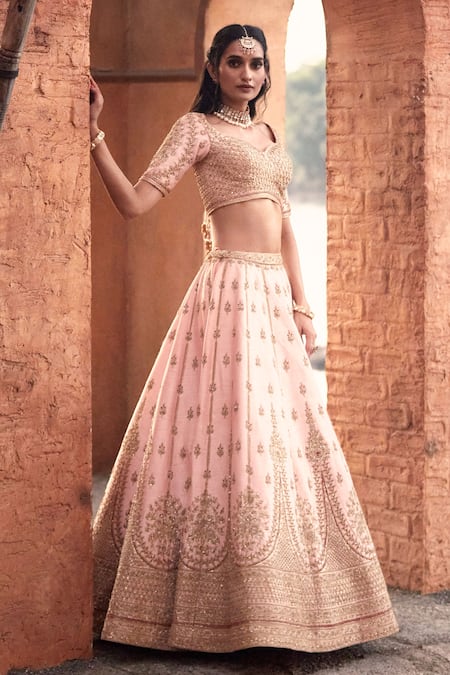 Buy_Azeera_Coral , Satin Embroidery, Sequins Zardozi Bridal Lehenga Set _Online_at_Aza_Fashions
