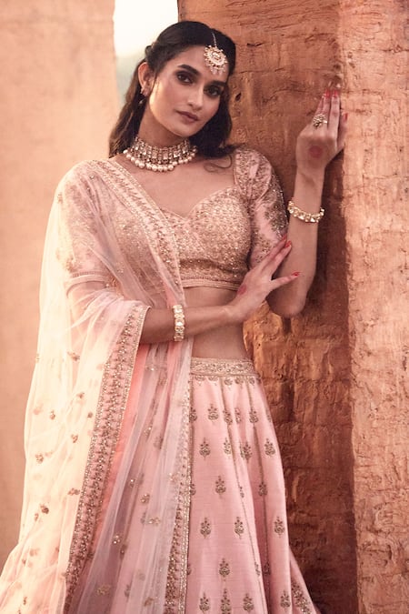 Shop_Azeera_Coral , Satin Embroidery, Sequins Zardozi Bridal Lehenga Set _Online_at_Aza_Fashions