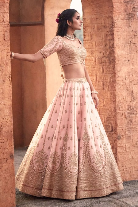 Azeera_Coral , Satin Embroidery, Sequins Zardozi Bridal Lehenga Set _at_Aza_Fashions