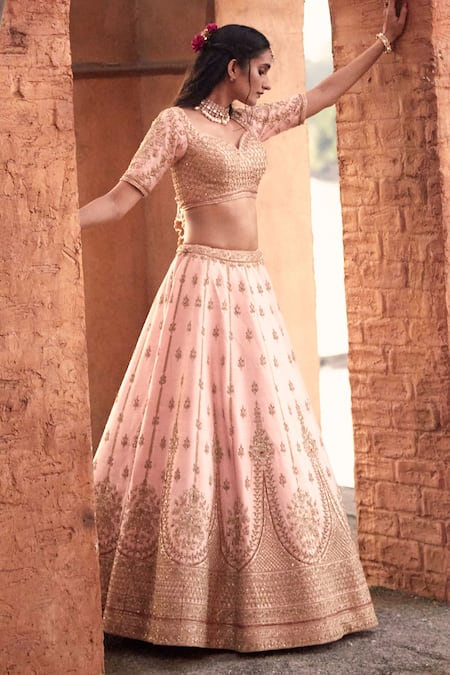 Buy_Azeera_Coral , Satin Embroidery, Sequins Zardozi Bridal Lehenga Set 