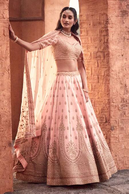 Shop_Azeera_Coral , Satin Embroidery, Sequins Zardozi Bridal Lehenga Set 