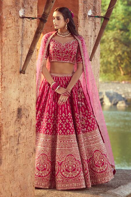 Shop_Azeera_Pink , Satin Embroidery, Sequins Asymmetric Floral Bridal Lehenga Set_at_Aza_Fashions
