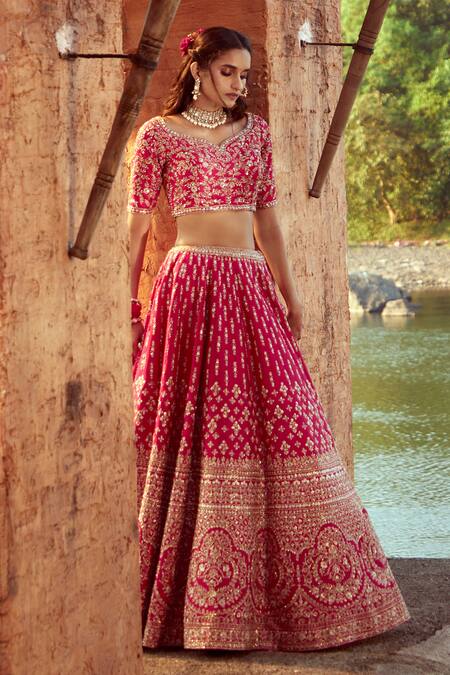 Azeera_Pink , Satin Embroidery, Sequins Asymmetric Floral Bridal Lehenga Set_Online_at_Aza_Fashions