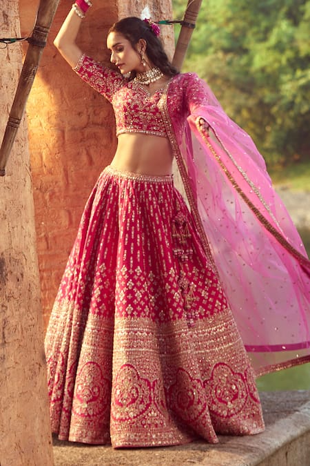 Buy_Azeera_Pink , Satin Embroidery, Sequins Asymmetric Floral Bridal Lehenga Set_Online_at_Aza_Fashions