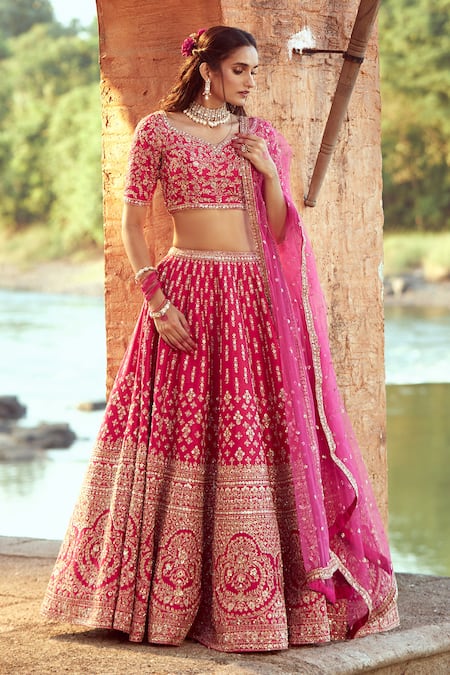 Shop_Azeera_Pink , Satin Embroidery, Sequins Asymmetric Floral Bridal Lehenga Set_Online_at_Aza_Fashions