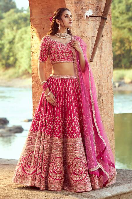 Azeera_Pink , Satin Embroidery, Sequins Asymmetric Floral Bridal Lehenga Set_at_Aza_Fashions