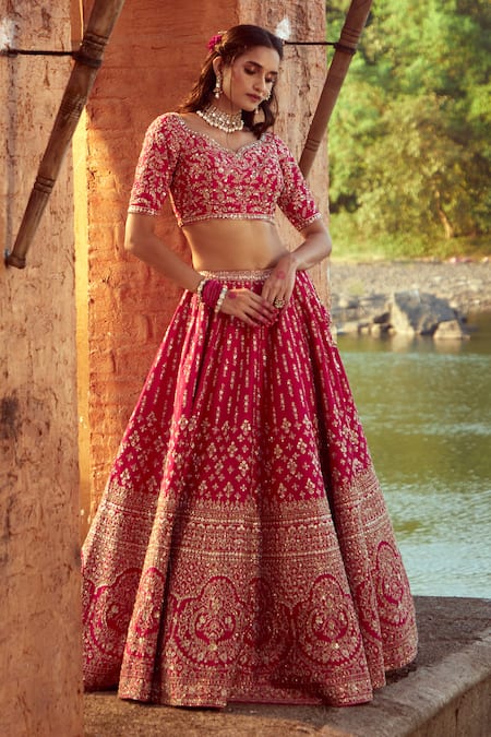 Buy_Azeera_Pink , Satin Embroidery, Sequins Asymmetric Floral Bridal Lehenga Set