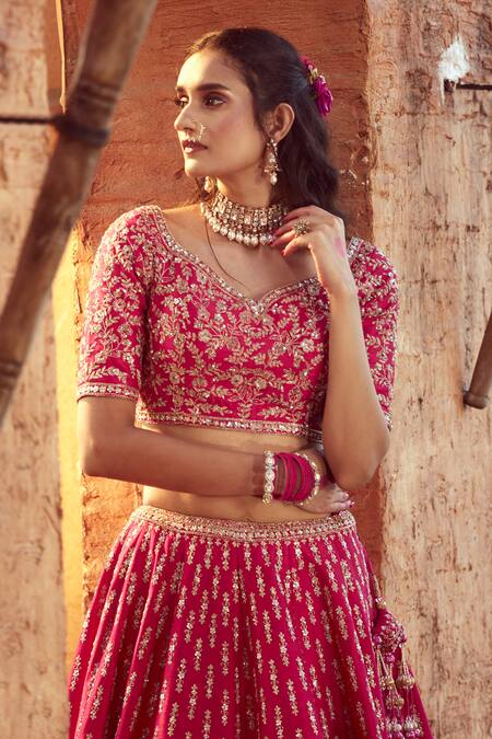 Shop_Azeera_Pink , Satin Embroidery, Sequins Asymmetric Floral Bridal Lehenga Set