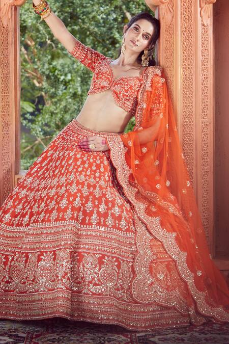 Buy Azeera Orange Silk Zari, Sequins Boat Floral Zardozi Embroidered Bridal Lehenga Set Online at Aza Fashions Buy_Azeera_Orange Silk Zari, Sequins Boat Floral Zardozi Embroidered Bridal Lehenga Set_Online_at_Aza_Fashions