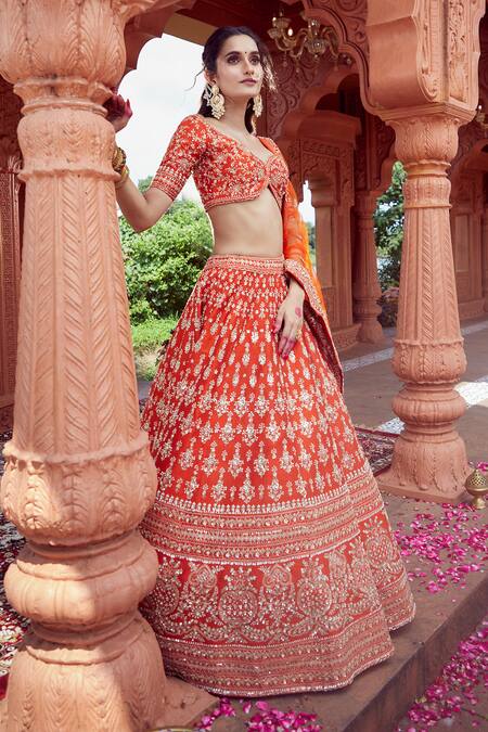 Buy Azeera Orange Silk Zari, Sequins Boat Floral Zardozi Embroidered Bridal Lehenga Set Buy_Azeera_Orange Silk Zari, Sequins Boat Floral Zardozi Embroidered Bridal Lehenga Set