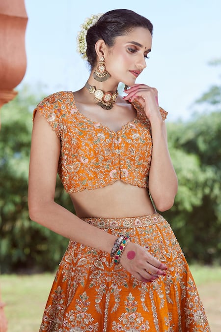 Azeera Orange Silk Zari, Sequins, Embroidery Bandeau Zardozi Floral Bridal Lehenga Set Online at Aza Fashions Azeera_Orange Silk Zari, Sequins, Embroidery Bandeau Zardozi Floral Bridal Lehenga Set _Online_at_Aza_Fashions