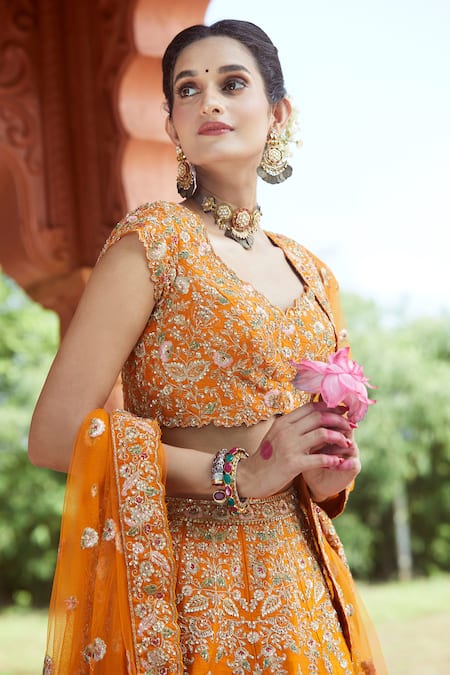 Buy Azeera Orange Silk Zari, Sequins, Embroidery Bandeau Zardozi Floral Bridal Lehenga Set Online at Aza Fashions Buy_Azeera_Orange Silk Zari, Sequins, Embroidery Bandeau Zardozi Floral Bridal Lehenga Set _Online_at_Aza_Fashions