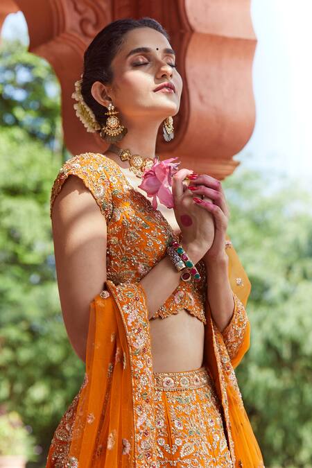 Shop Azeera Orange Silk Zari, Sequins, Embroidery Bandeau Zardozi Floral Bridal Lehenga Set Online at Aza Fashions Shop_Azeera_Orange Silk Zari, Sequins, Embroidery Bandeau Zardozi Floral Bridal Lehenga Set _Online_at_Aza_Fashions