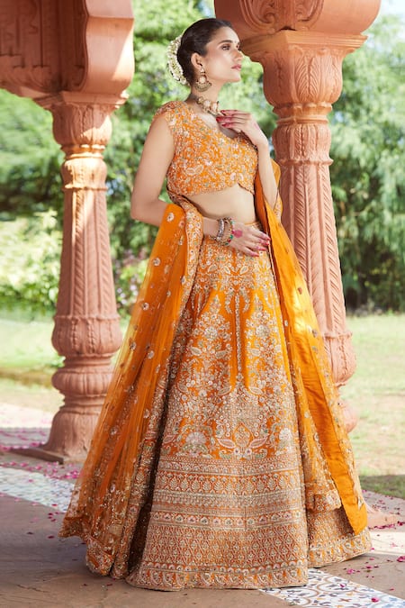 Azeera Orange Silk Zari, Sequins, Embroidery Bandeau Zardozi Floral Bridal Lehenga Set at Aza Fashions Azeera_Orange Silk Zari, Sequins, Embroidery Bandeau Zardozi Floral Bridal Lehenga Set _at_Aza_Fashions