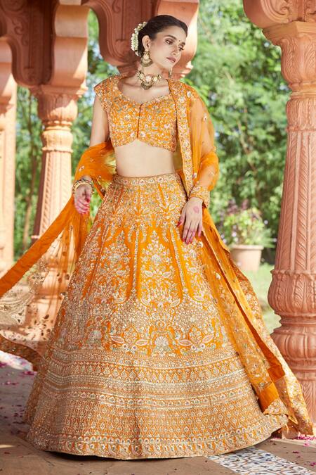 Buy Azeera Orange Silk Zari, Sequins, Embroidery Bandeau Zardozi Floral Bridal Lehenga Set Buy_Azeera_Orange Silk Zari, Sequins, Embroidery Bandeau Zardozi Floral Bridal Lehenga Set