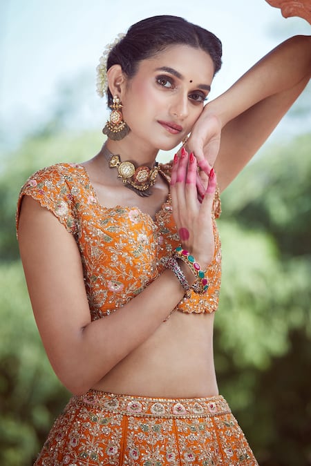 Shop Azeera Orange Silk Zari, Sequins, Embroidery Bandeau Zardozi Floral Bridal Lehenga Set Shop_Azeera_Orange Silk Zari, Sequins, Embroidery Bandeau Zardozi Floral Bridal Lehenga Set