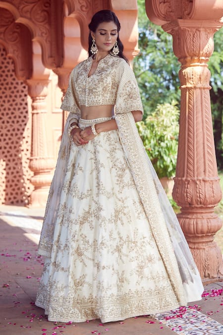 Shop_Azeera_Ivory , Satin Embroidery, Sequins V-neck Rose Vine Lehenga Set _at_Aza_Fashions