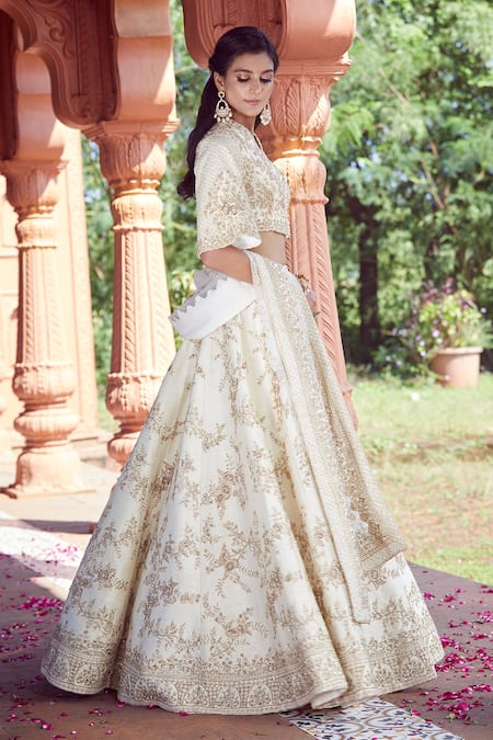 Buy_Azeera_Ivory , Satin Embroidery, Sequins V-neck Rose Vine Lehenga Set _Online_at_Aza_Fashions
