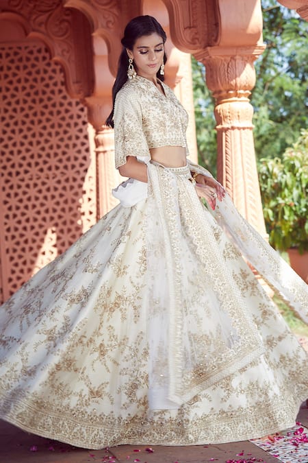 Shop_Azeera_Ivory , Satin Embroidery, Sequins V-neck Rose Vine Lehenga Set _Online_at_Aza_Fashions