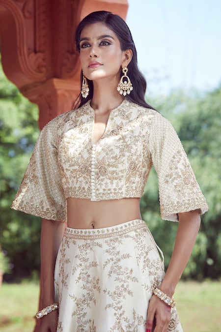 Buy_Azeera_Ivory , Satin Embroidery, Sequins V-neck Rose Vine Lehenga Set 
