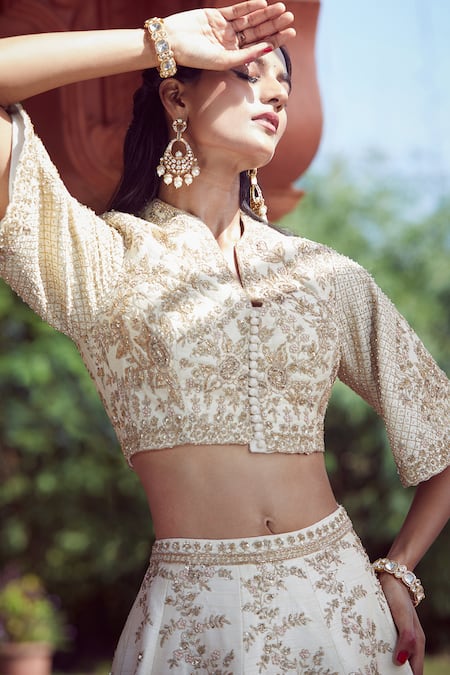 Shop_Azeera_Ivory , Satin Embroidery, Sequins V-neck Rose Vine Lehenga Set 