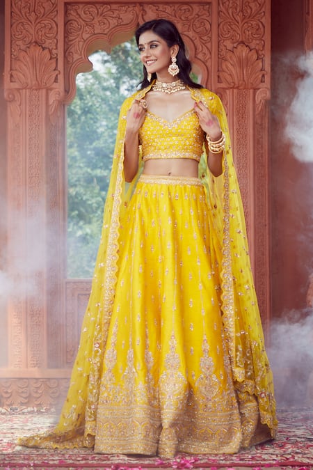 Azeera Yellow , Satin Embroidery, Sequins, Zari Plunge Floral Lehenga Set Online at Aza Fashions Azeera_Yellow , Satin Embroidery, Sequins, Zari Plunge Floral Lehenga Set _Online_at_Aza_Fashions